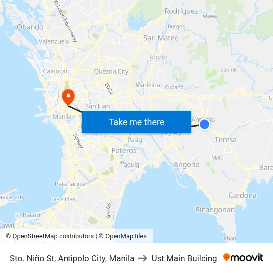 Sto. Niño St,  Antipolo City, Manila to Ust Main Building map