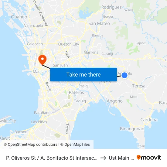 P. Oliveros St / A. Bonifacio St Intersection, Antipolo City, Manila to Ust Main Building map