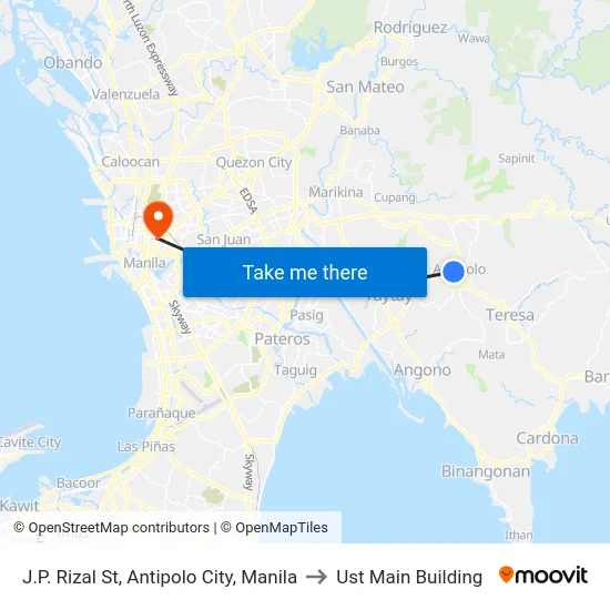 J.P. Rizal St, Antipolo City, Manila to Ust Main Building map