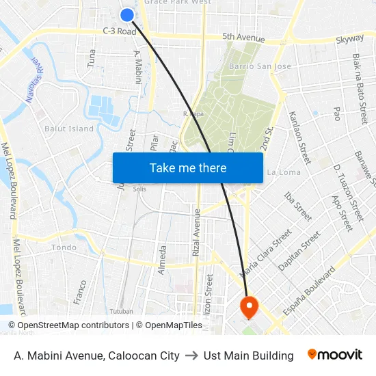 A. Mabini Avenue, Caloocan City to Ust Main Building map