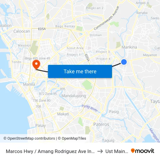 Marcos Hwy / Amang Rodriguez Ave Intersection, Pasig City, Manila to Ust Main Building map