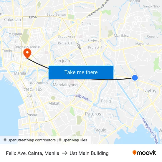 Felix Ave, Cainta, Manila to Ust Main Building map