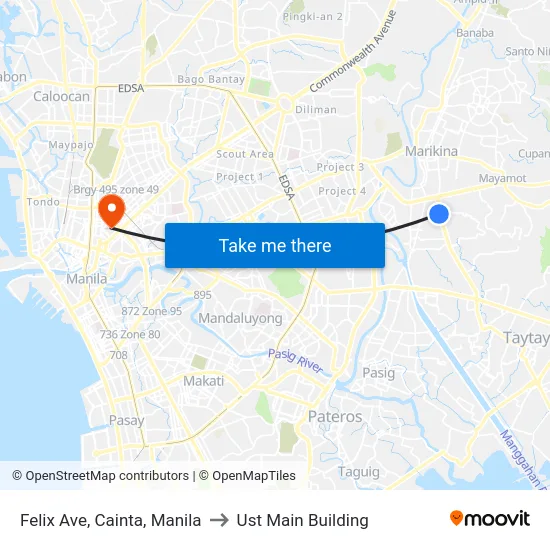 Felix Ave, Cainta, Manila to Ust Main Building map