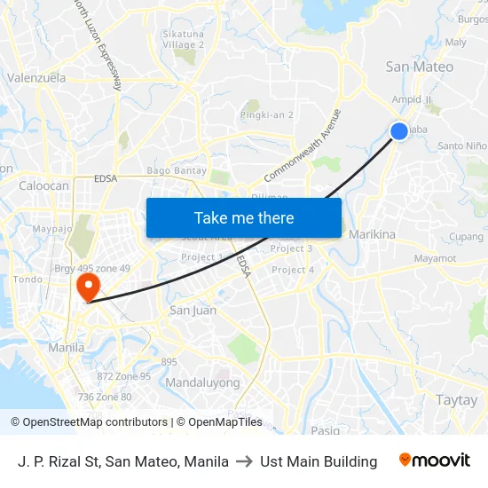 J. P. Rizal St, San Mateo, Manila to Ust Main Building map
