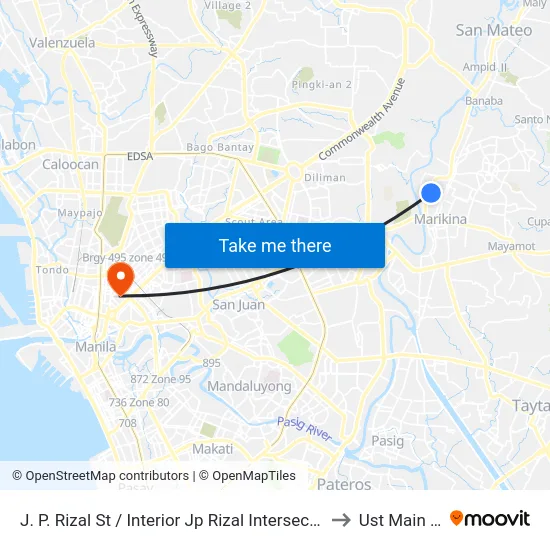 J. P. Rizal St / Interior Jp Rizal Intersection, Marikina City, Manila to Ust Main Building map