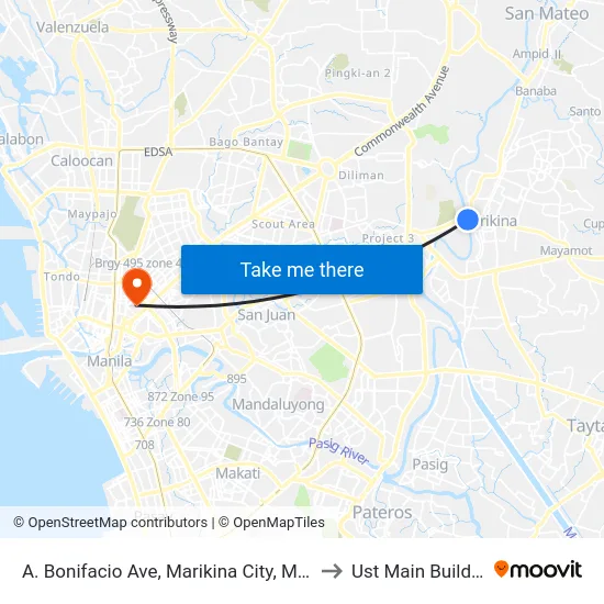 A. Bonifacio Ave, Marikina City, Manila to Ust Main Building map