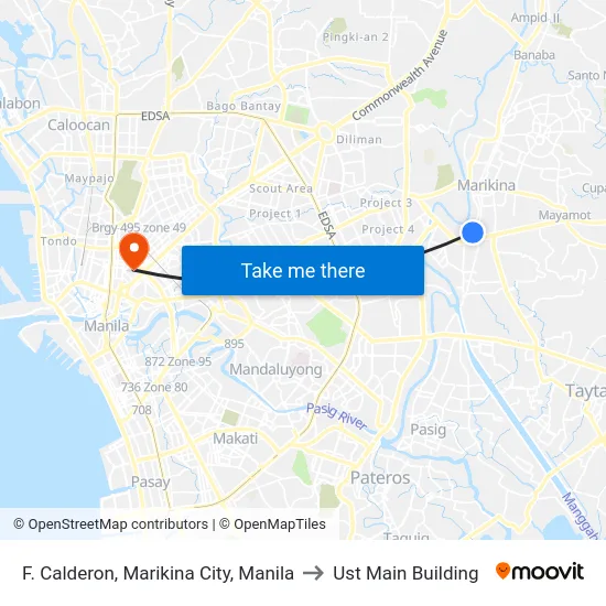 F. Calderon, Marikina City, Manila to Ust Main Building map