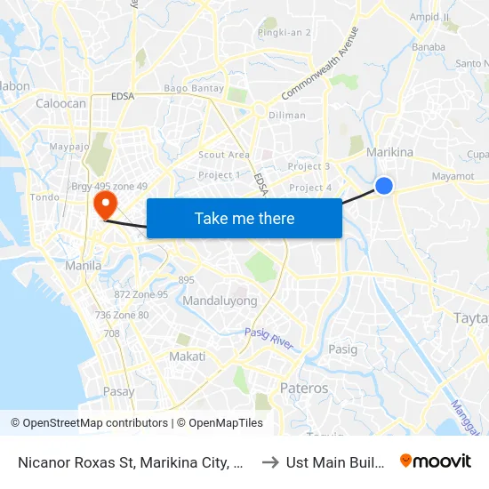 Nicanor Roxas St, Marikina City, Manila to Ust Main Building map