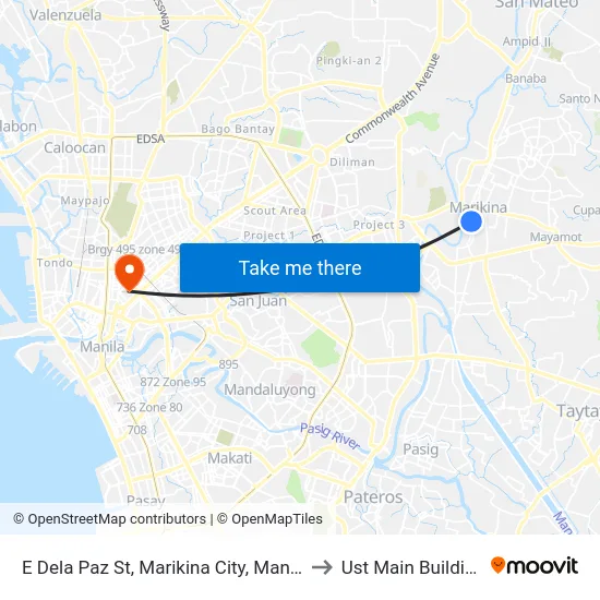 E Dela Paz St, Marikina City, Manila to Ust Main Building map