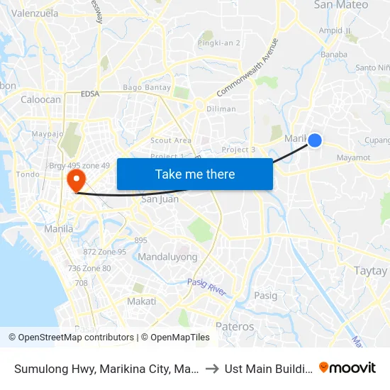 Sumulong Hwy, Marikina City, Manila to Ust Main Building map