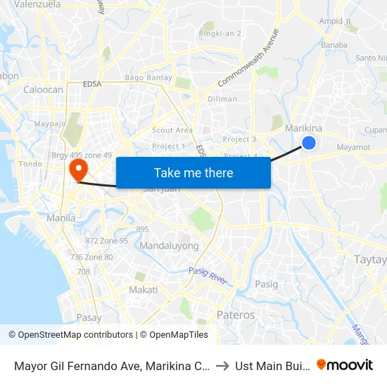 Mayor Gil Fernando Ave, Marikina City, Manila to Ust Main Building map