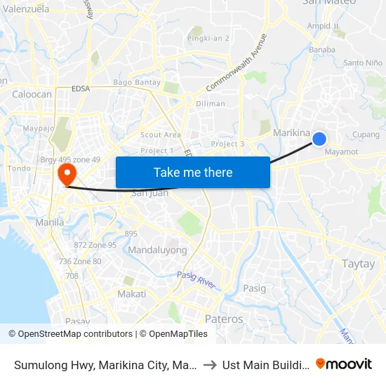 Sumulong Hwy, Marikina City, Manila to Ust Main Building map