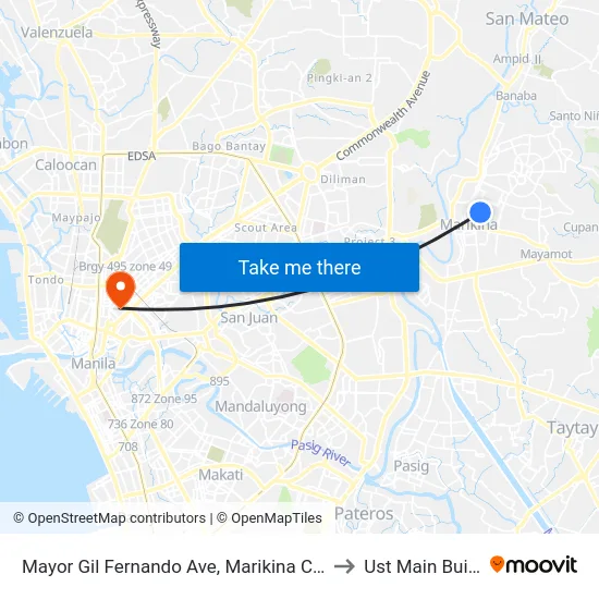 Mayor Gil Fernando Ave, Marikina City, Manila to Ust Main Building map