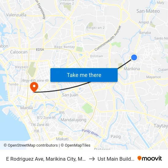 E Rodriguez Ave, Marikina City, Manila to Ust Main Building map