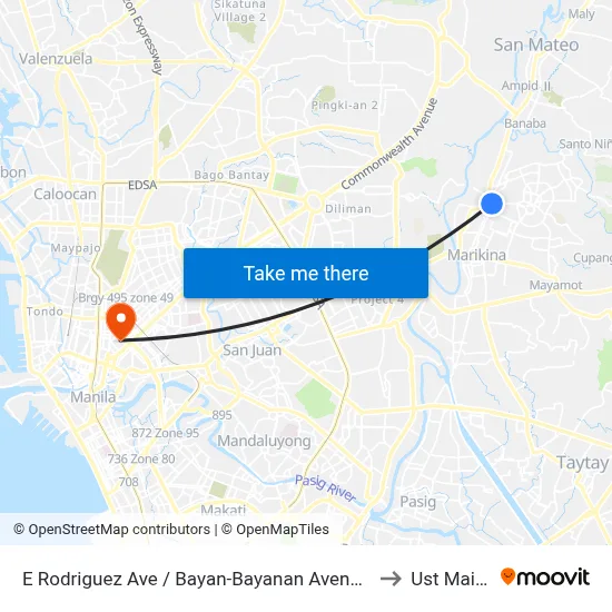 E Rodriguez Ave / Bayan-Bayanan Avenue Intersection, Marikina City, Manila to Ust Main Building map