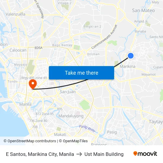 E Santos, Marikina City, Manila to Ust Main Building map
