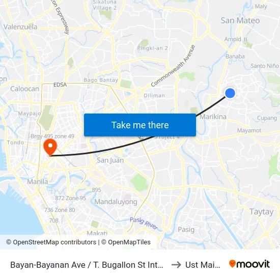 Bayan-Bayanan Ave / T. Bugallon St Intersection, Marikina City, Manila to Ust Main Building map