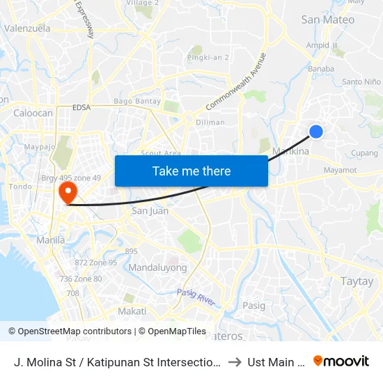 J. Molina St / Katipunan St Intersection, Marikina City, Manila to Ust Main Building map