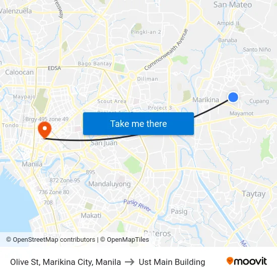 Olive St, Marikina City, Manila to Ust Main Building map