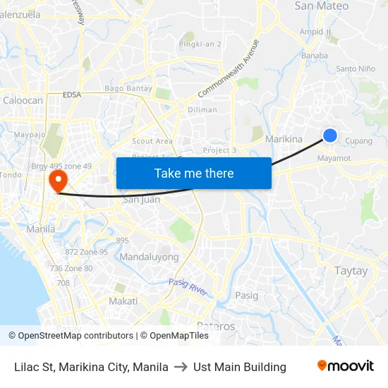 Lilac St, Marikina City, Manila to Ust Main Building map