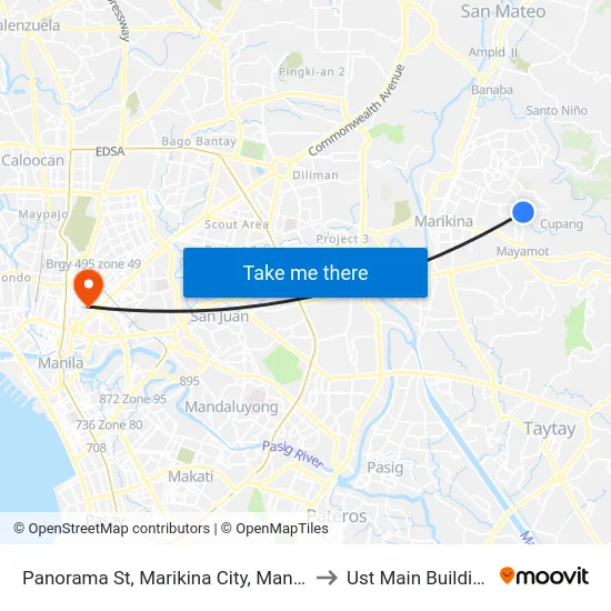 Panorama St, Marikina City, Manila to Ust Main Building map