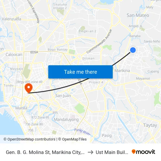 Gen. B. G. Molina St, Marikina City, Manila to Ust Main Building map