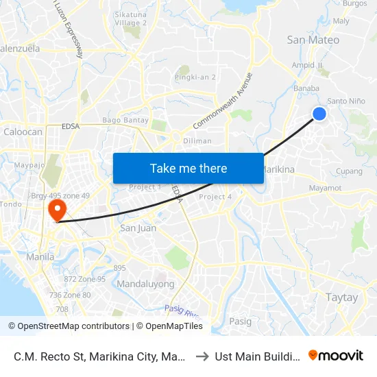 C.M. Recto St, Marikina City, Manila to Ust Main Building map