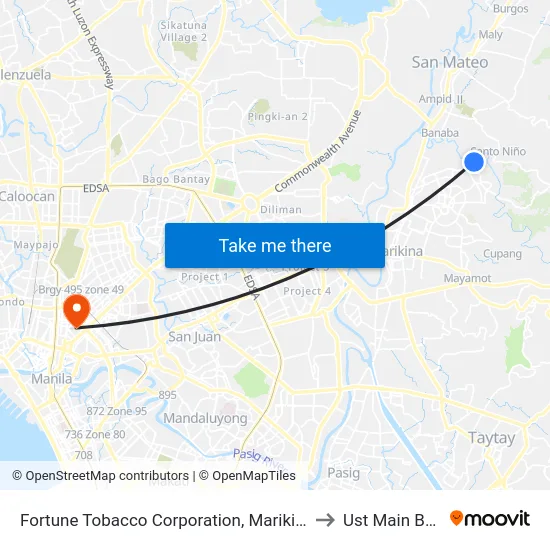 Fortune Tobacco Corporation, Marikina City, Manila to Ust Main Building map