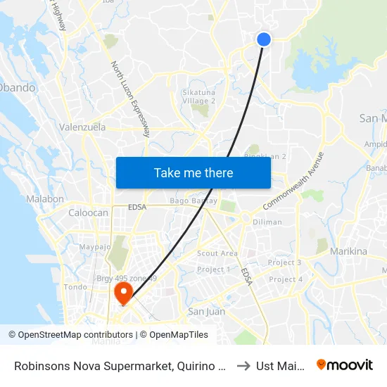 Robinsons Nova Supermarket, Quirino Highway, Caloocan City, Manila to Ust Main Building map