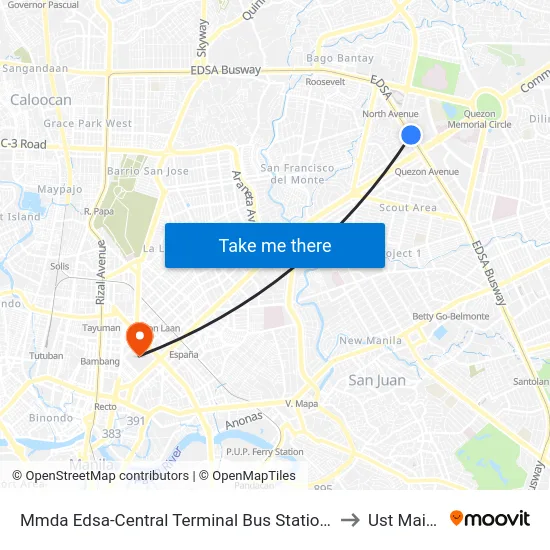 Mmda Edsa-Central Terminal Bus Station Northbound, Quezon City, Manila to Ust Main Building map