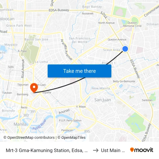Mrt-3 Gma-Kamuning Station, Edsa, Quezon City, Manila to Ust Main Building map