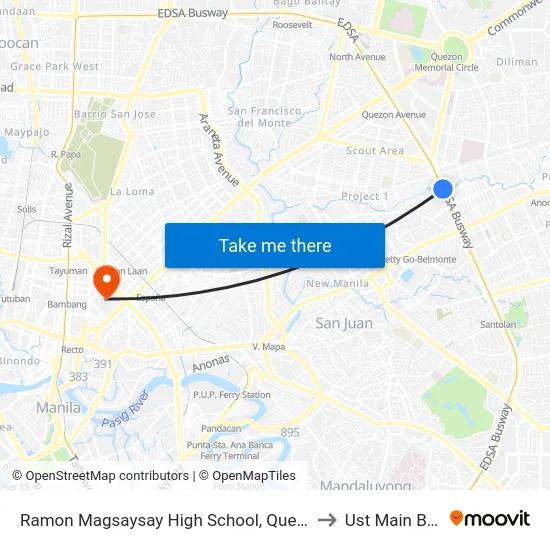 Ramon Magsaysay High School, Quezon City, Manila to Ust Main Building map