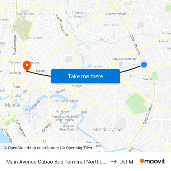 Main Avenue Cubao Bus Terminal Northbound, Edsa, Epifanio De Los Santos Av, Quezon City, Manila to Ust Main Building map