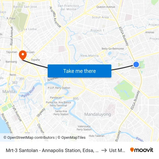 Mrt-3 Santolan - Annapolis Station, Edsa, Epifanio De Los Santos Av, Quezon City, Manila to Ust Main Building map