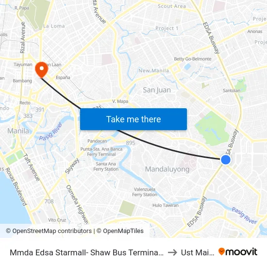Mmda Edsa Starmall- Shaw Bus Terminal Southbound, Mandaluyong City, Manila to Ust Main Building map