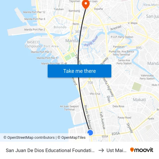 San Juan De Dios Educational Foundation, Incorporated, Pasay City, Manila to Ust Main Building map
