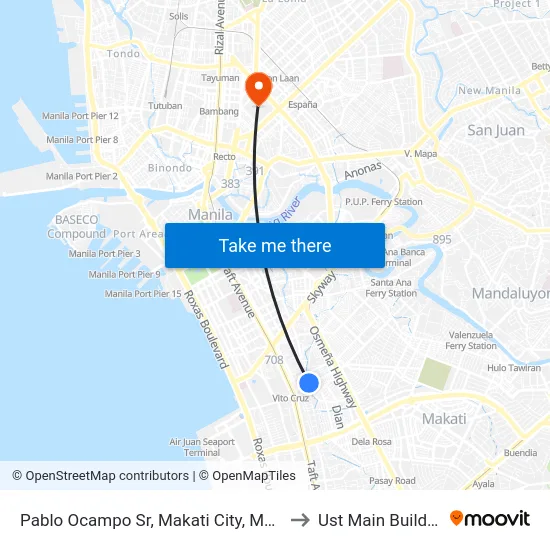Pablo Ocampo Sr, Makati City, Manila to Ust Main Building map