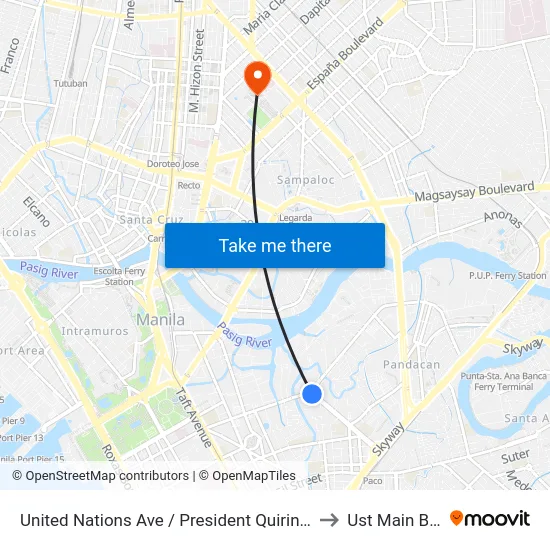 United Nations Ave / President Quirino Ave Ext, Manila to Ust Main Building map