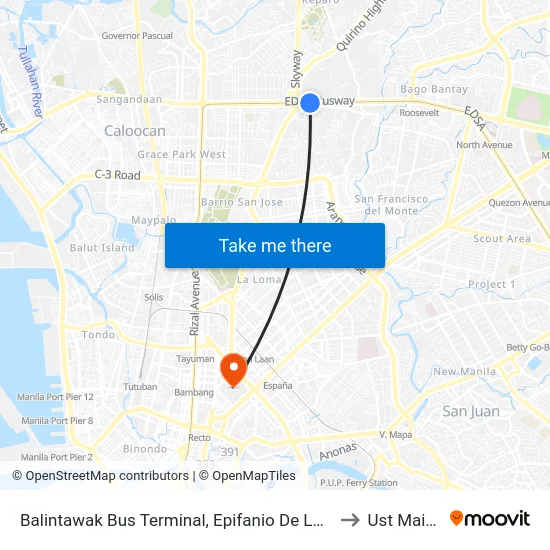 Balintawak Bus Terminal, Epifanio De Los Santos Ave, Quezon City, Manila to Ust Main Building map