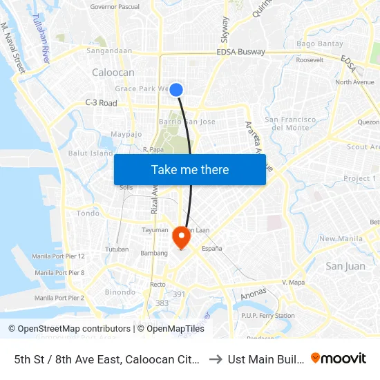 5th St / 8th Ave East, Caloocan City, Manila to Ust Main Building map