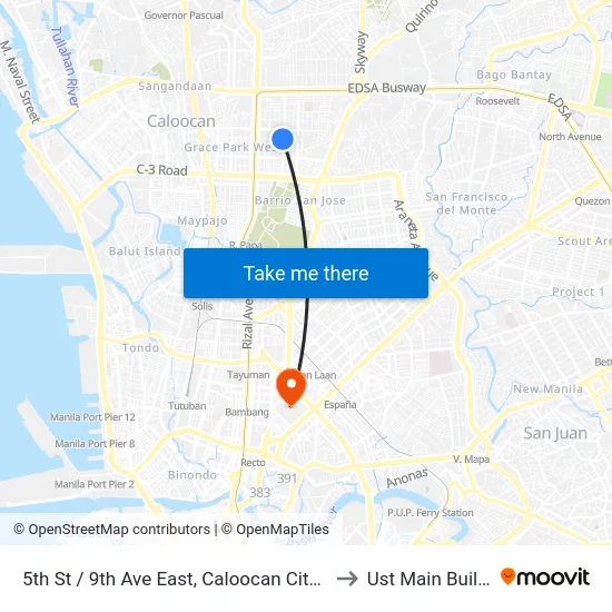 5th St / 9th Ave East, Caloocan City, Manila to Ust Main Building map
