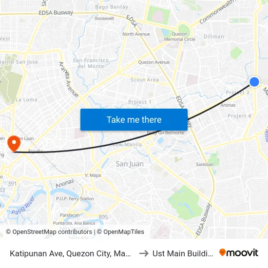 Katipunan Ave, Quezon City, Manila to Ust Main Building map