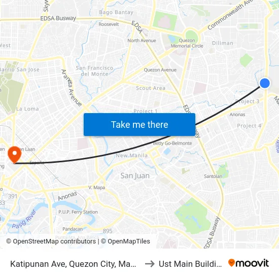 Katipunan Ave, Quezon City, Manila to Ust Main Building map