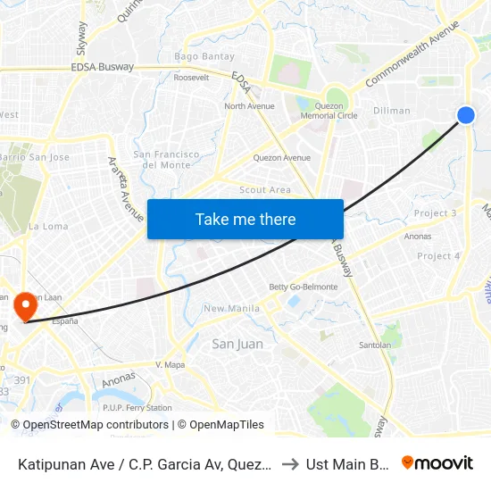 Katipunan Ave / C.P. Garcia Av, Quezon City, Manila to Ust Main Building map