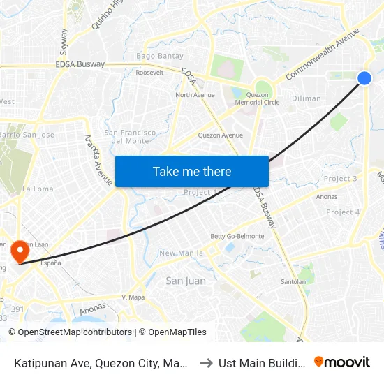 Katipunan Ave, Quezon City, Manila to Ust Main Building map