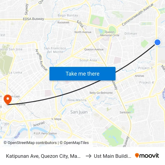 Katipunan Ave, Quezon City, Manila to Ust Main Building map