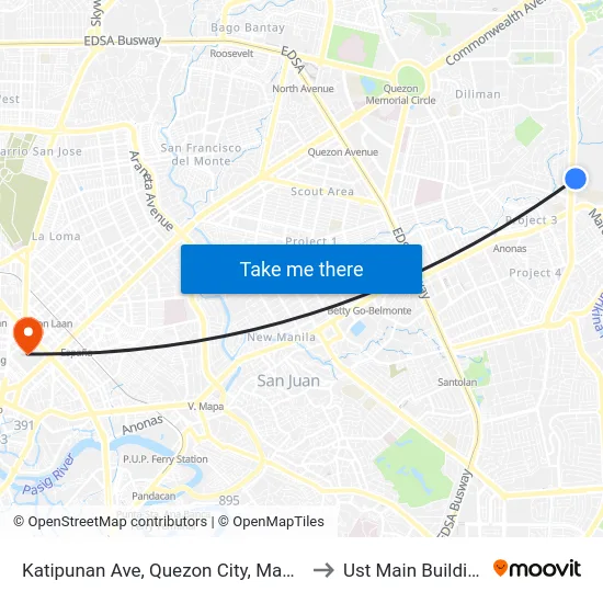 Katipunan Ave, Quezon City, Manila to Ust Main Building map