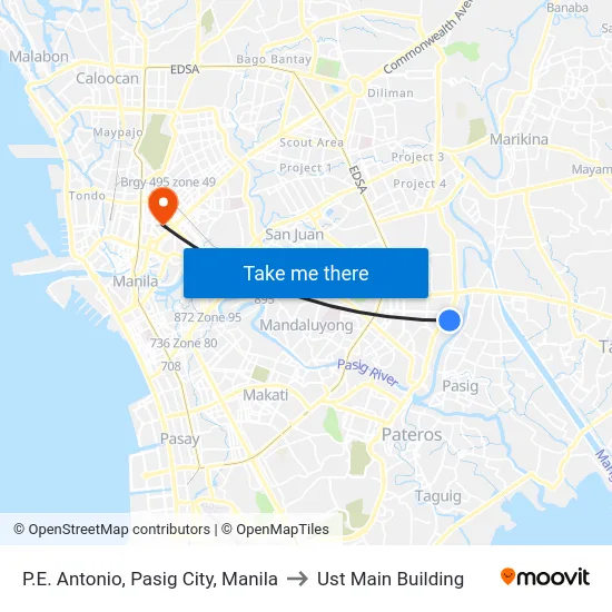 P.E. Antonio, Pasig City, Manila to Ust Main Building map