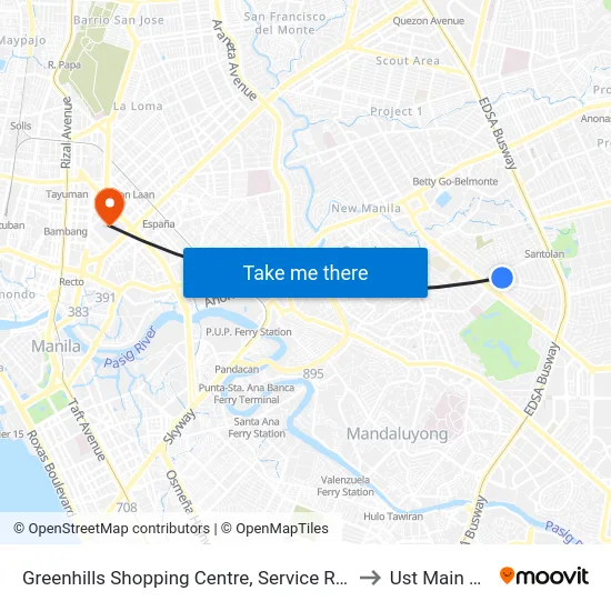 Greenhills Shopping Centre, Service Rd, San Juan, Manila to Ust Main Building map