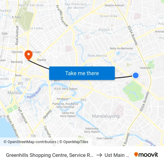 Greenhills Shopping Centre, Service Rd, San Juan, Manila to Ust Main Building map